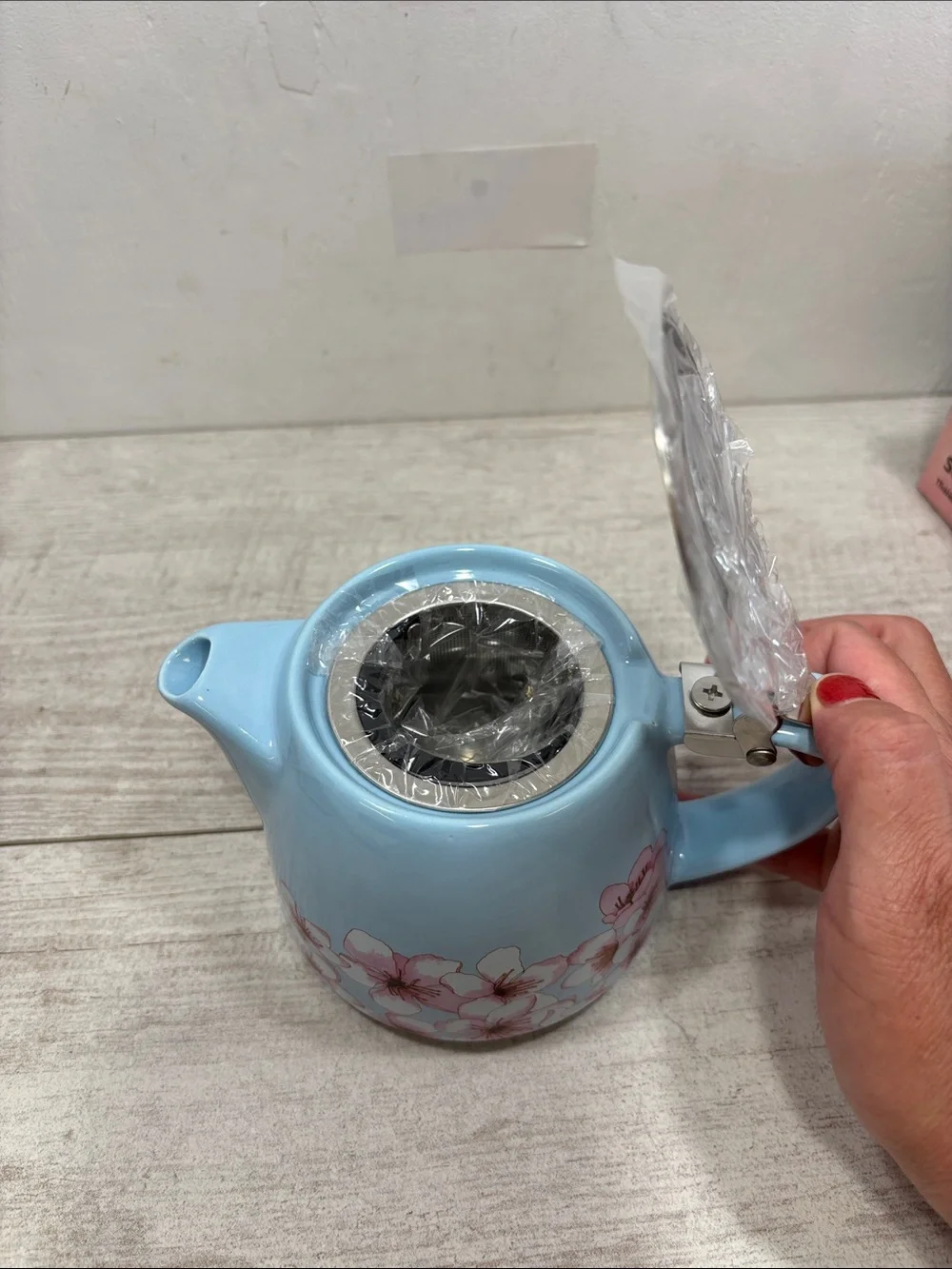Alfred Cherry Blossom Blue Ceramic Teapot Stainless Steel Infuser NIB